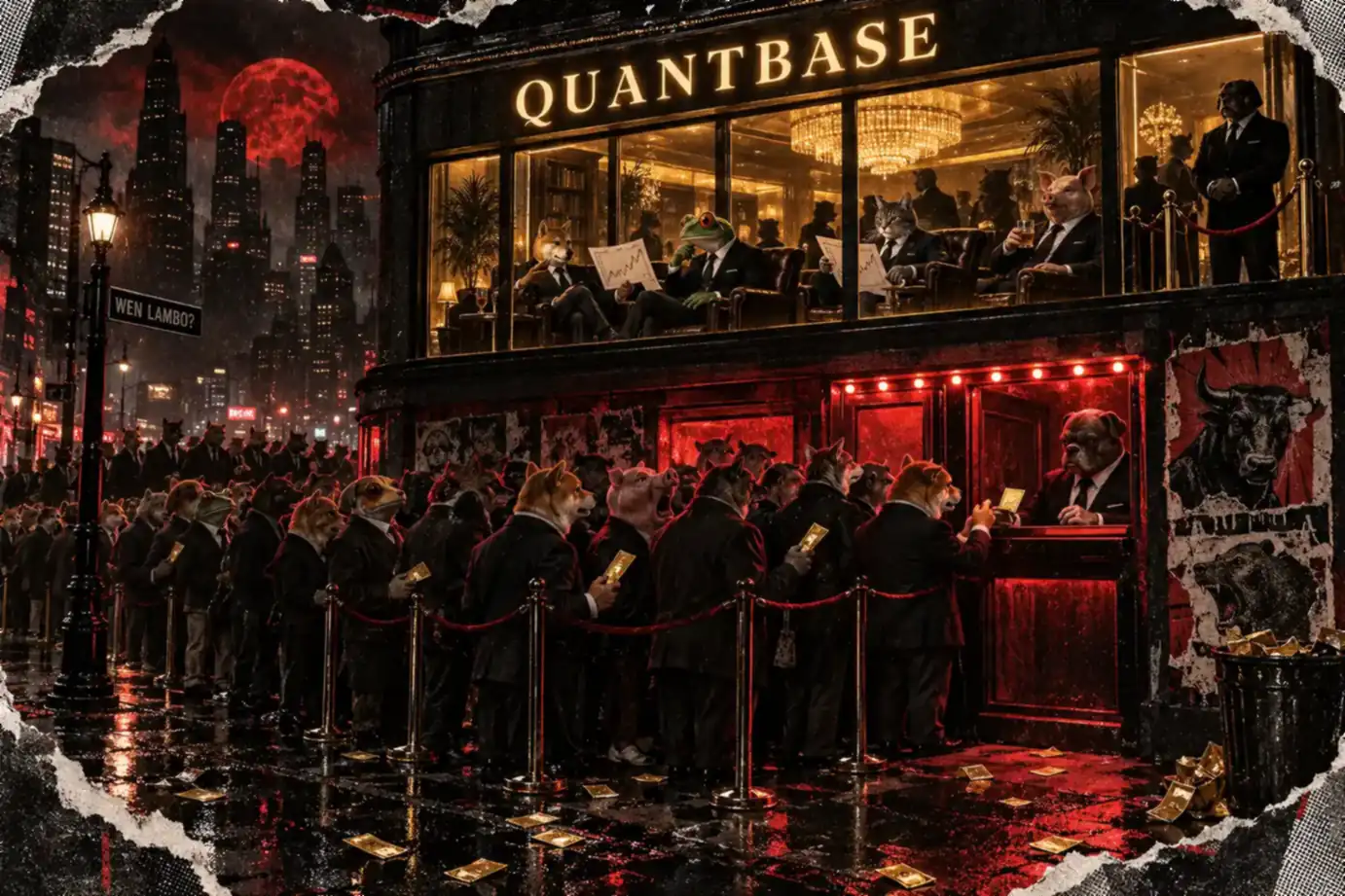 A noir street: a gold-lit VIP lounge upstairs, a queue of suited animals at a ticket booth below